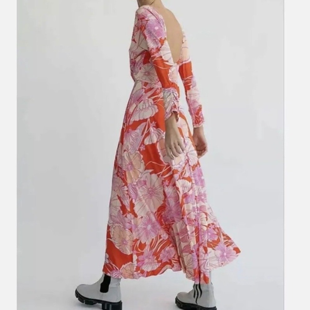 Free People First Date Maxi Dress Orange Pink Floral Open Back XL
